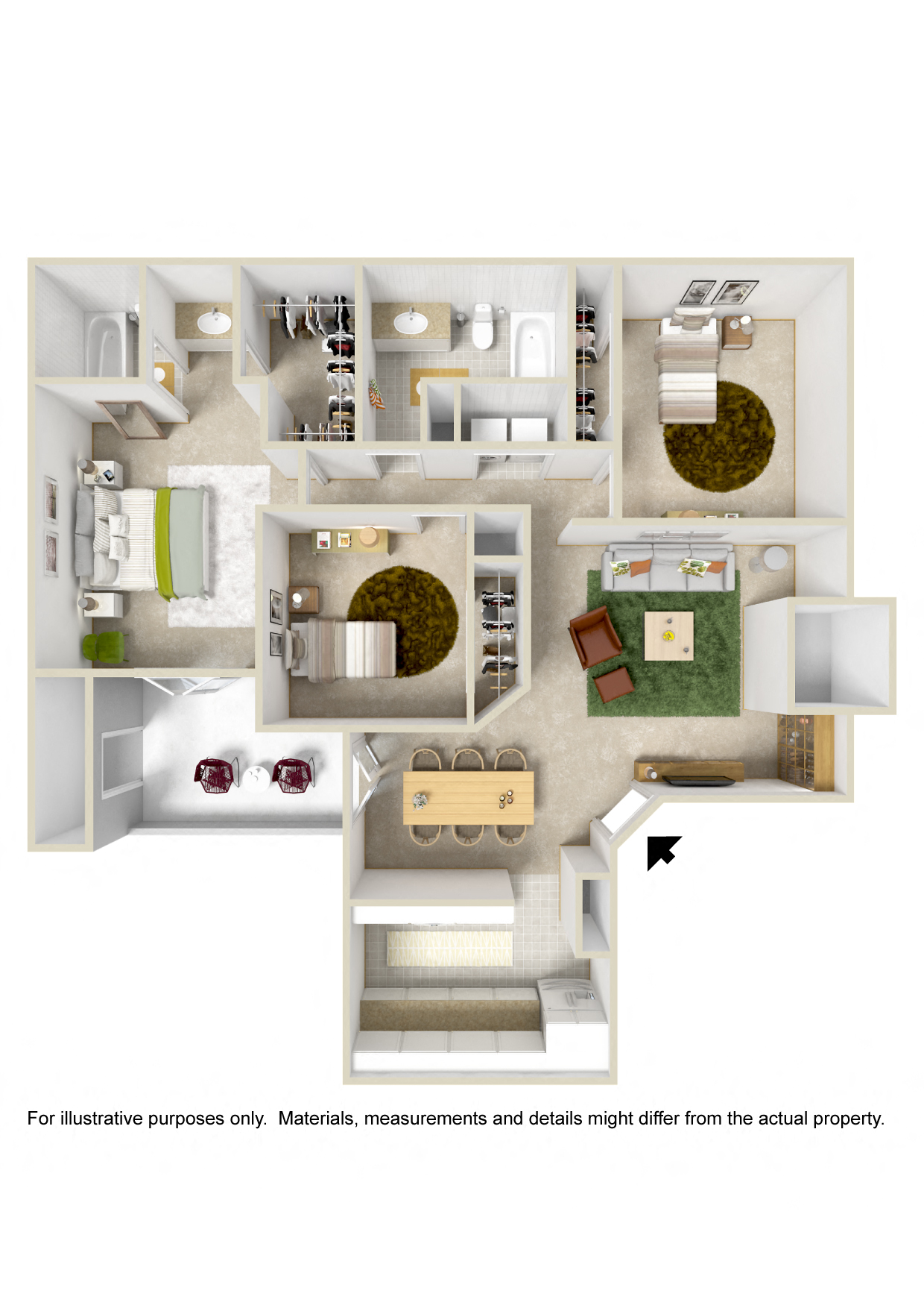 Floor plan for 3 beds, 2 baths, 1200 sqft